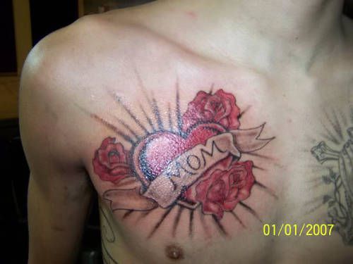 Mom Heart With Rose Flowers Tattoo On Chest