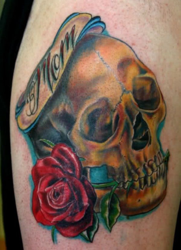 Mom Skull With Rose Flower Tattoo