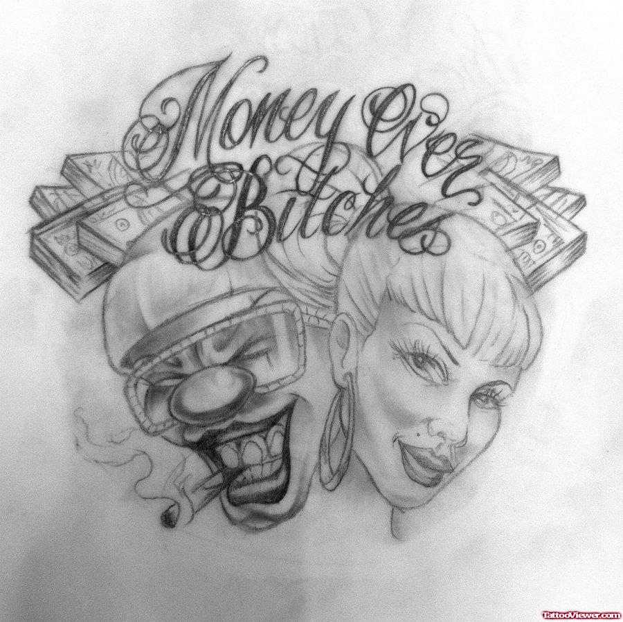 Money Over Bitches Gangsta Tattoo Design