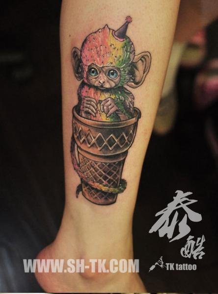 Monkey Ice Cream Cone Tattoo On Leg