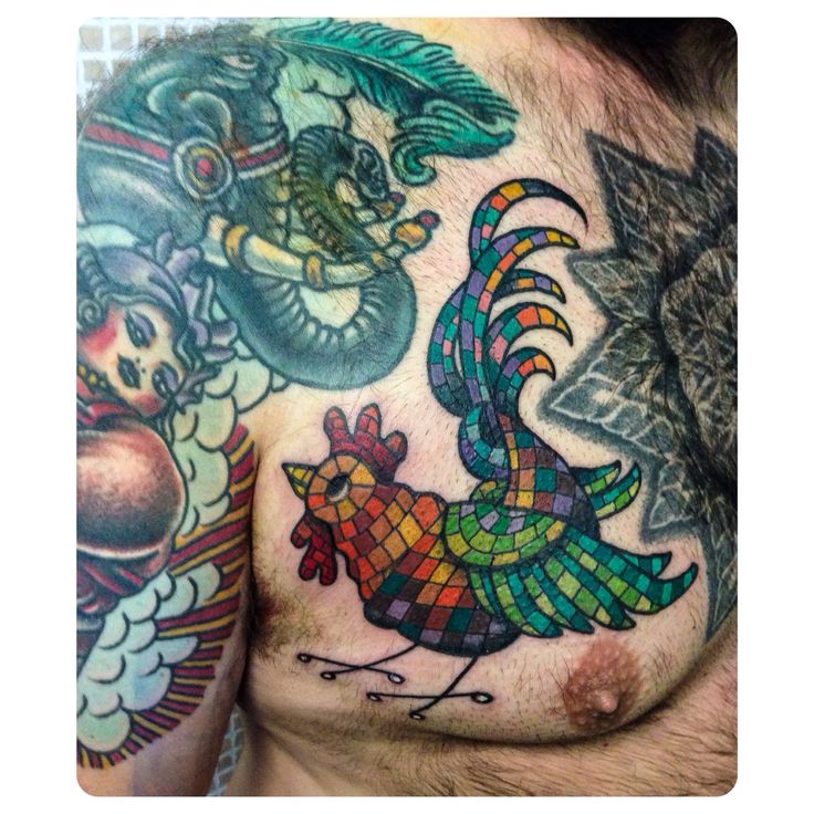 Mosaic Elephant And Hen Tattoo On Chest