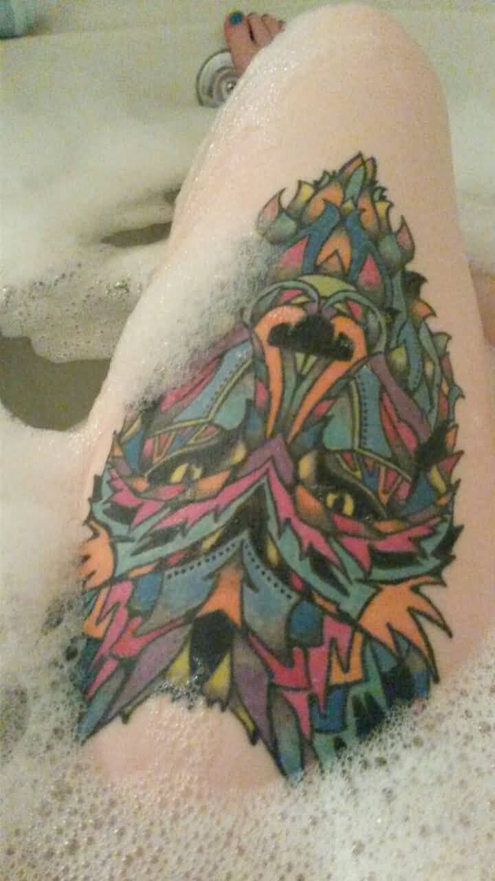 Mosaic Stain Glass Wolf Tattoo On Thigh For Girls