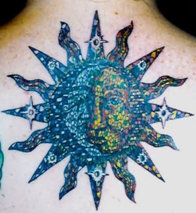 Mosaic Sun Tattoo On Upper Back
