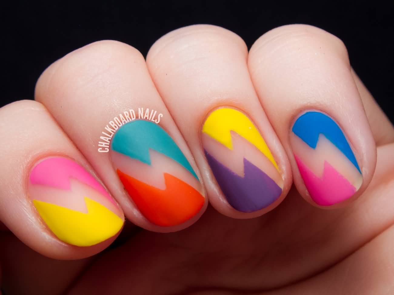 Multicolored Matte Thunderbolt Sign Negative Space Nail Art