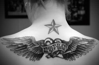 Nautical Star And Winged Mom Heart Tattoo On Upper Back