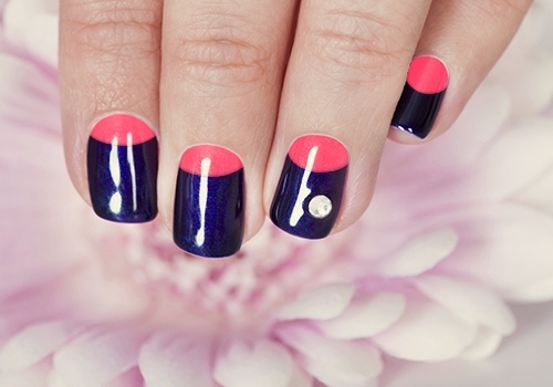 Navy Blue Nails With Pink Half Moon Nail Art