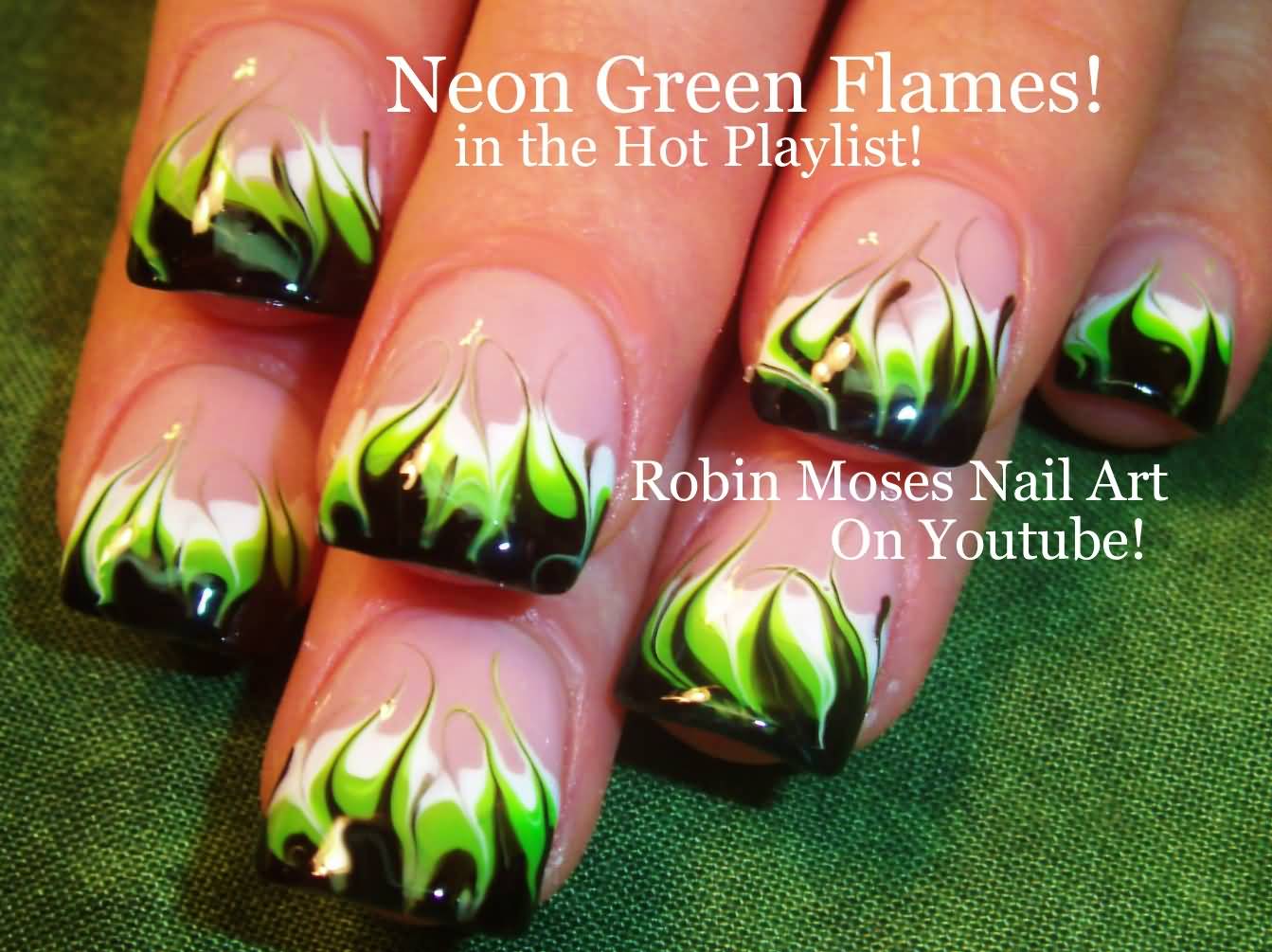 Neon Green And Black Flames Design Nail Art