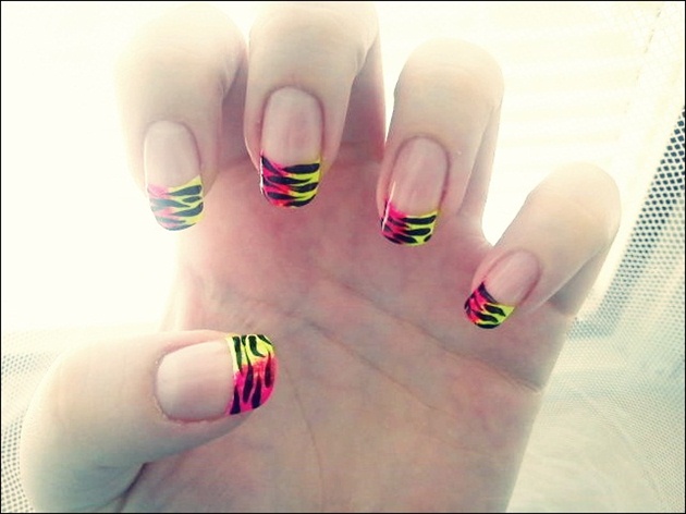 Neon Green And Pink French Tip Zebra Print Nail Art