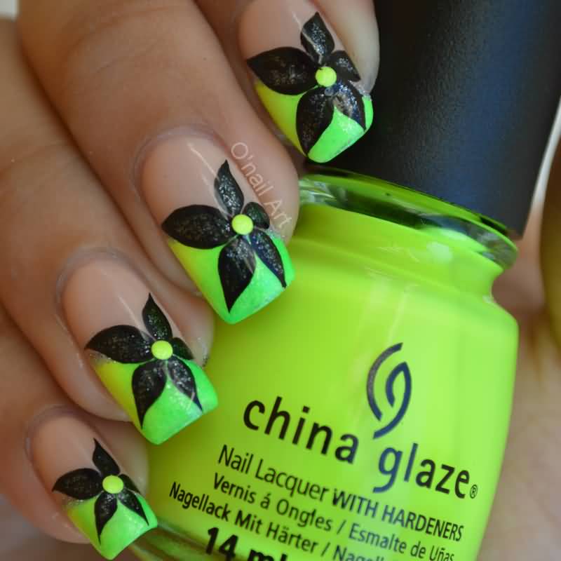 Neon Green Tip Nail Art With Black Flowers Design Idea