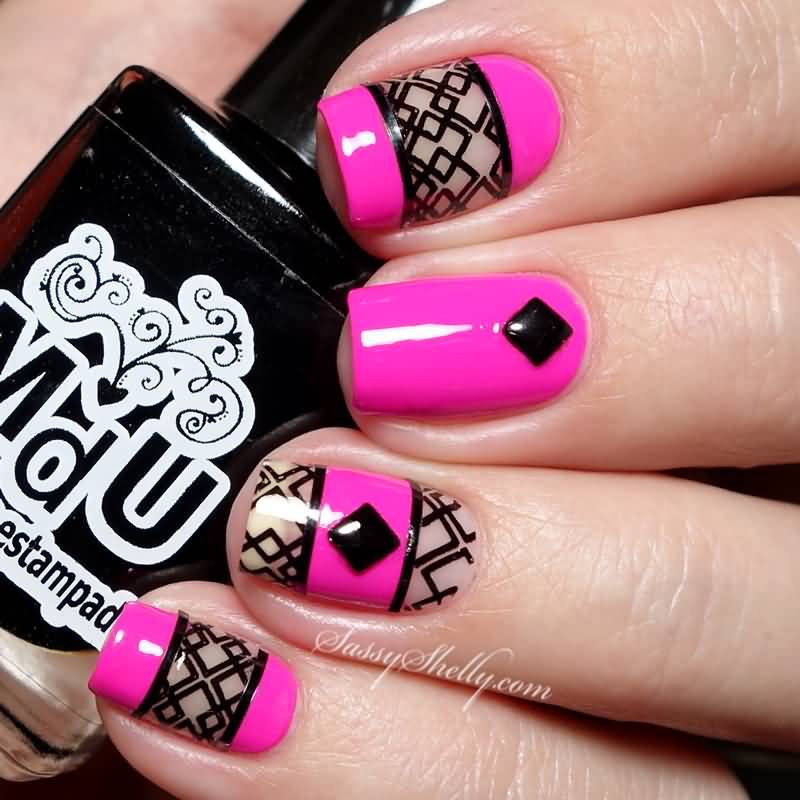 Neon Pink Negative Space Nail Art With Black Studs Design Idea