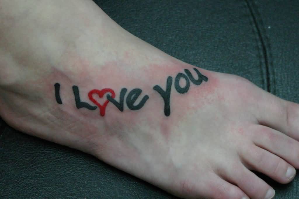 Nice Black Red I Love You Tattoo On Foot