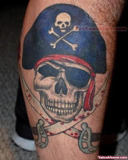 Nice Captain Jolly Roger Tattoo On Side Leg