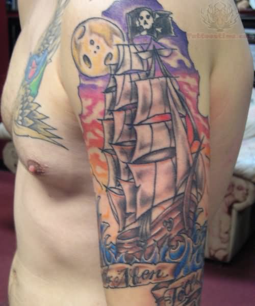 Nice Colorful Jolly Roger Ship Tattoo On Left Half Sleeve For Men
