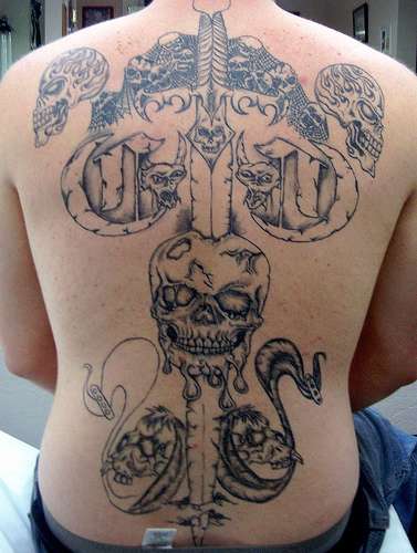 Nice Dagger And Skull Full Back Tattoo For Men