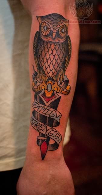 Nice Dagger Owl And Lettering Banner Traditional Tattoo On Arm Sleeve