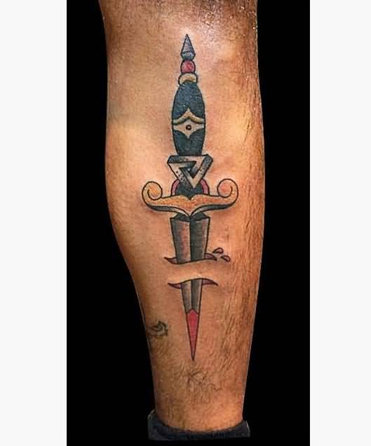 Nice Dagger Ripped Skin Traditional Tattoo On Leg