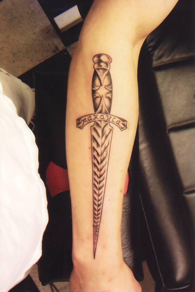 Nice Grey Dagger Tattoo On Arm Sleeve