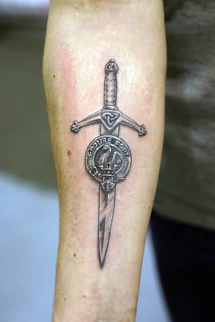 Nice Grey Dagger Tattoo On Forearm