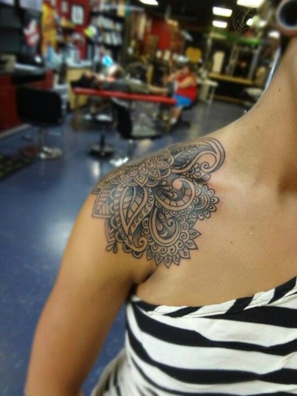 Nice Grey Paisley Flower Pattern Tattoo On Shoulder