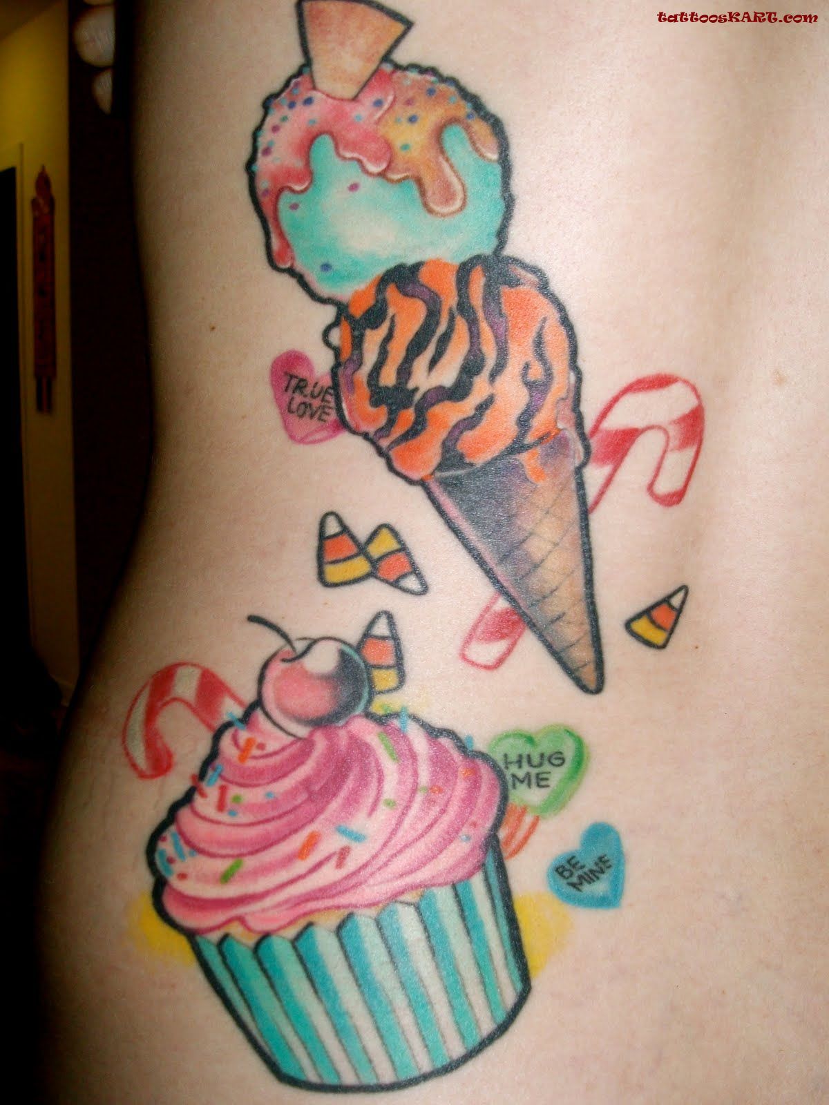 Nice Ice Cream With Cupcake And Candy Tattoo