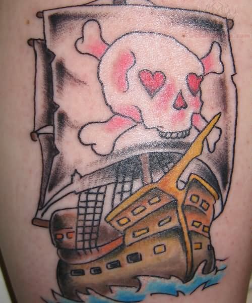 Nice Jolly Roger Ship Colored Tattoo