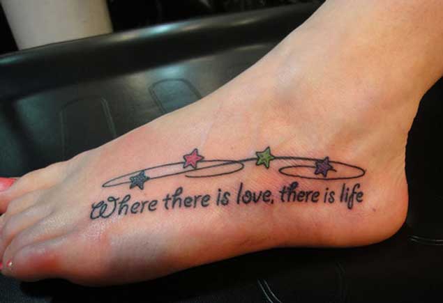 Nice Love Quote With Stars Tattoo On Foot