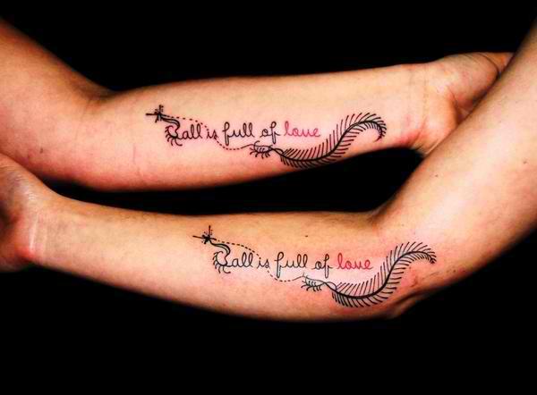 Nice Matching Love Quote Tattoo On Forearm