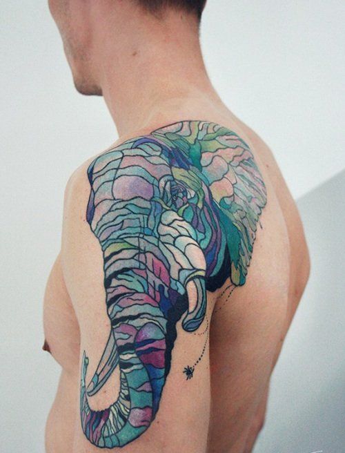 Nice Mosaic Elephant Face Tattoo On Left Shoulder For Men