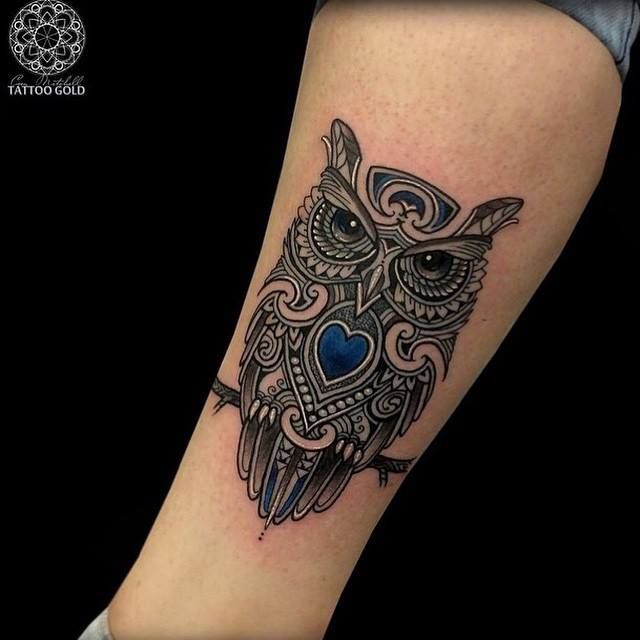 Nice Mosaic Owl Tattoo On Leg