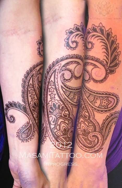 Nice Paisley Pattern Tattoo On Arm Sleeve