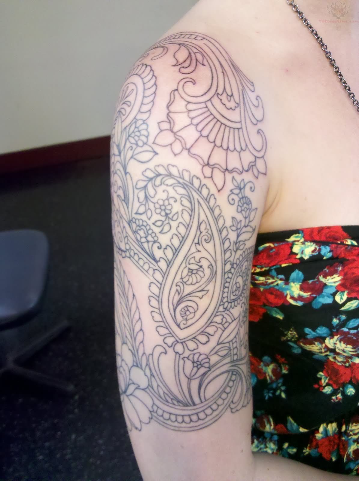 Nice Paisley Pattern Tattoo On Half Sleeve