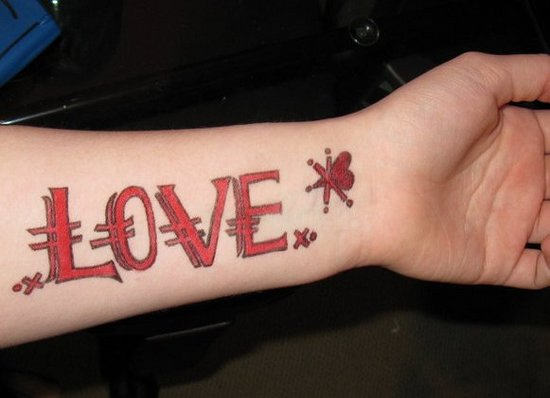 Nice Red Love With Heart Tattoo On Forearm