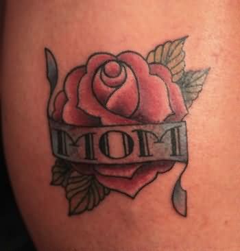 Nice Red Rose And Mom Banner Tattoo