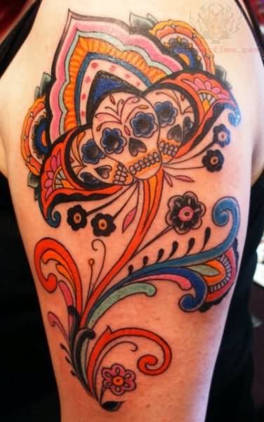 Nice Sugar Skulls Paisley Pattern Flower Tattoo On Left Half Sleeve