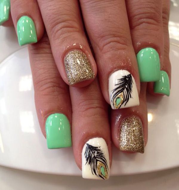 Olive Green And Gold Glitter With Feather Design Nail Art
