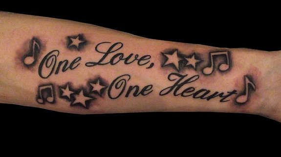 One Love One Heart With Music Notes Tattoo On Forearm