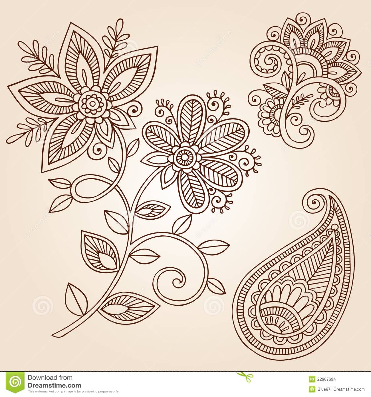 Paisley Pattern Flower Tattoo Samples Set