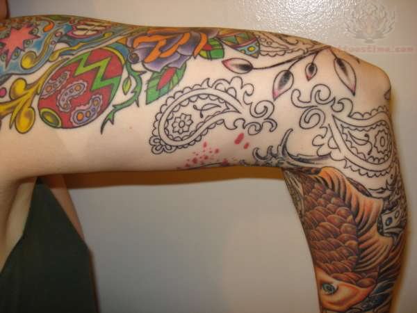 Paisley Pattern With Fish Tattoo On Full Sleeve