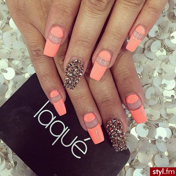 Peach Negative Space Nail Art With Accent Caviar Beads Design