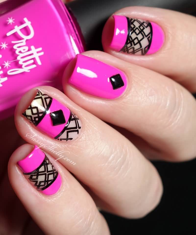Pink And Black Geometric Negative Space Nail Art Design