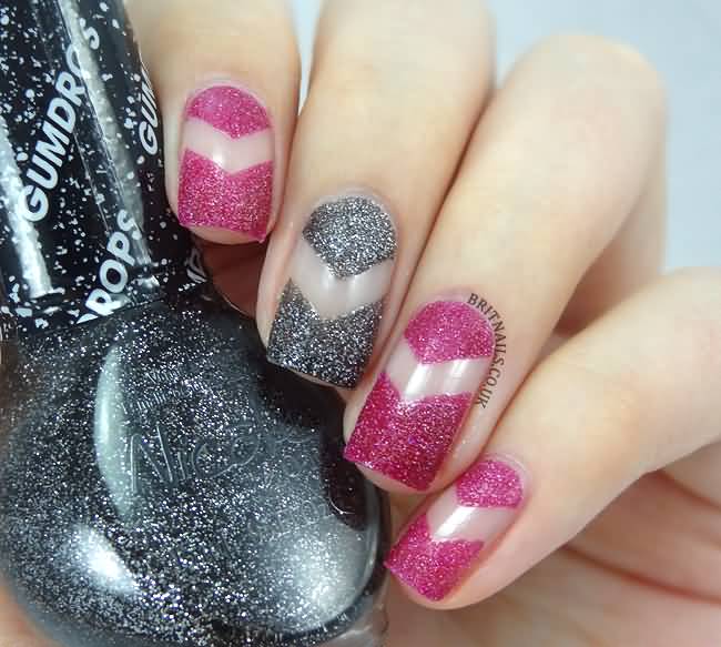Pink And Black Glitter Gel Negative Space Nail Art Design Idea