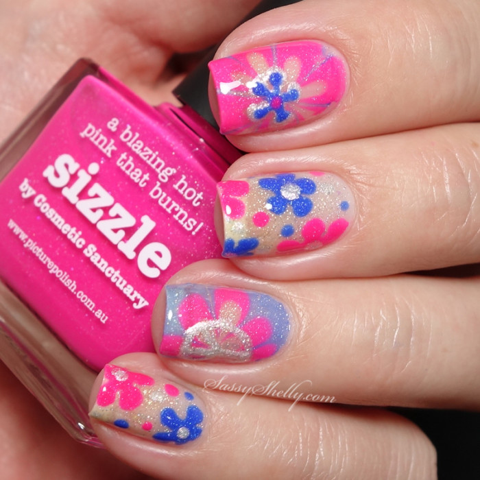 Pink And Blue Flowers Negative Space Nail Art Design Idea