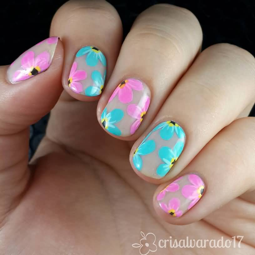 Pink And Blue Flowers Negative Space Nail Art