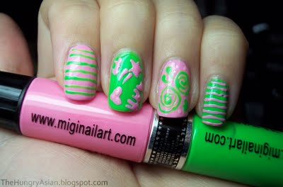 Pink And Green Acrylic Nail Art Design Idea