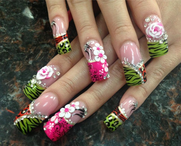 Pink And Green Animal Print Nail Art With 3D Flowers Design Idea