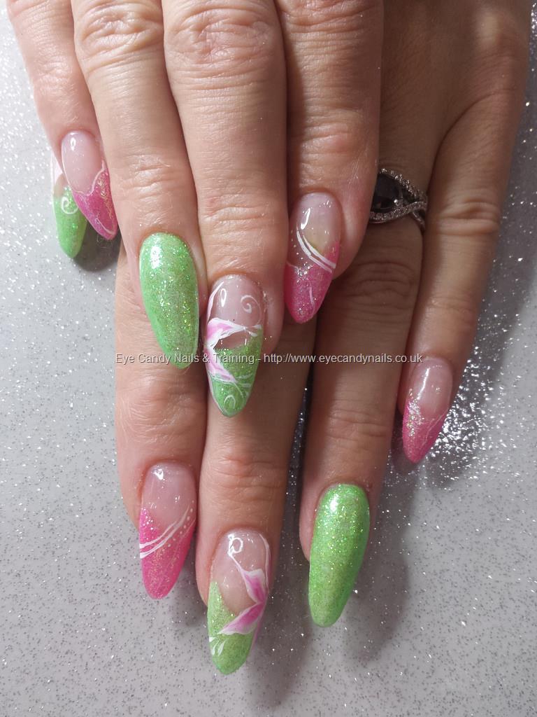 Pink And Green Flower Stroke Nail Art