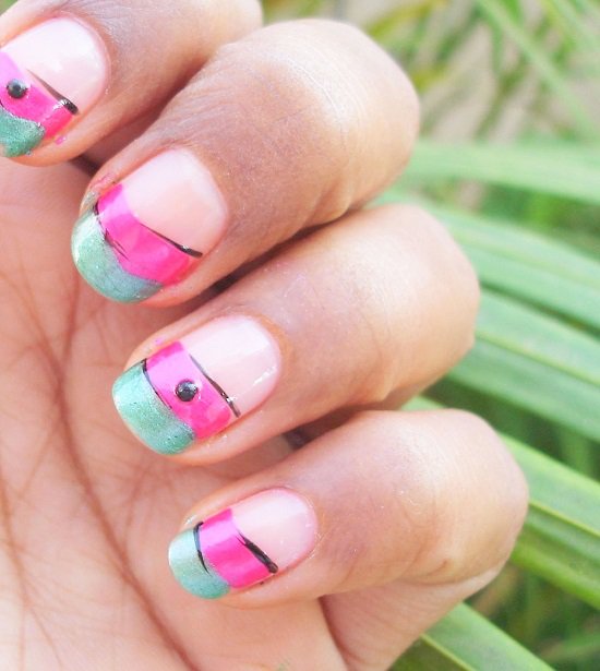 Pink And Green French Tip Nail Art Idea