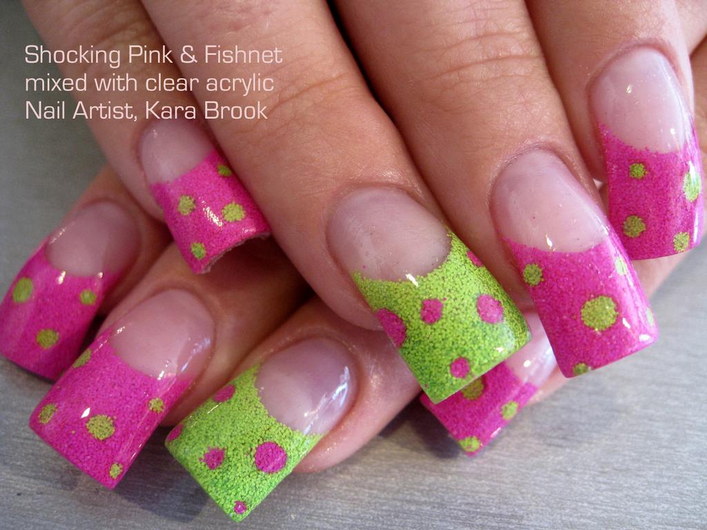 Pink And Green Gel Polka Dots Nail Art