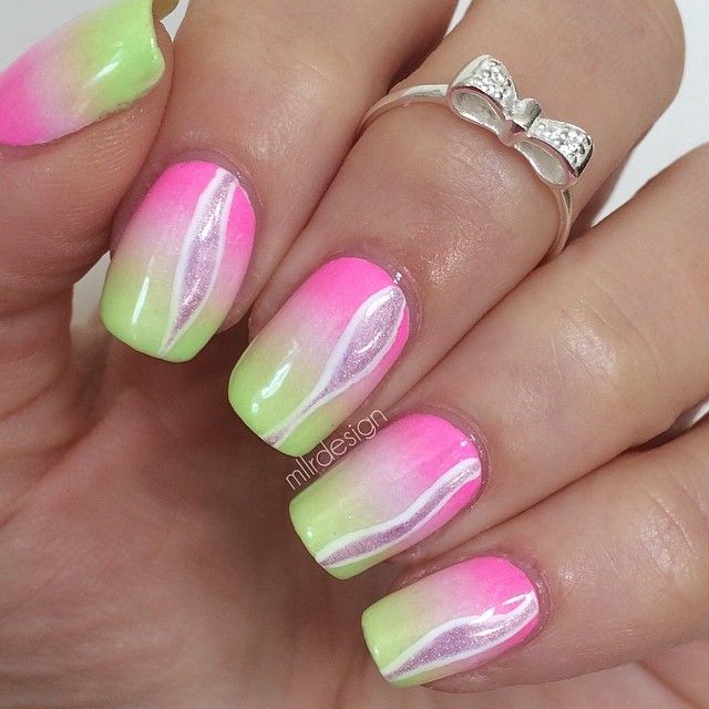 Pink And Green Gradient Nail Art
