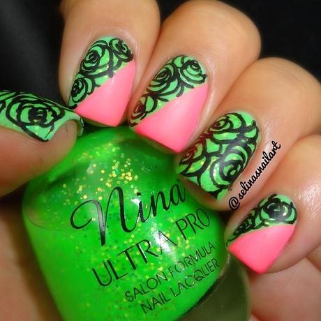 Pink And Green Nails With Black Rose Flower Design Nail Art
